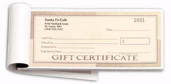 D856B, Santa Fe Gift Certificates, Booked, Carbonless, Tan